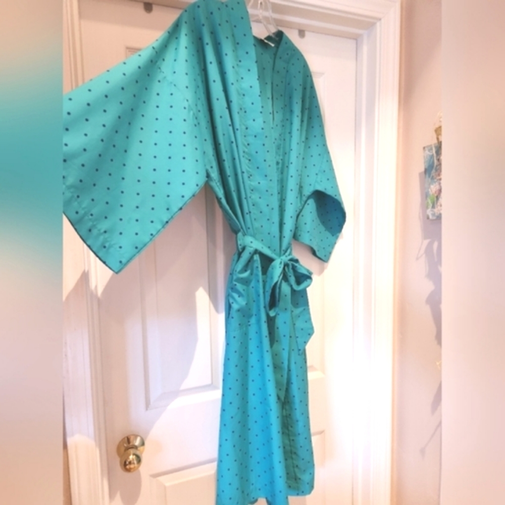 Vtg DIOR Christian Luxury  Turquoise Blue Green Polkadots 2 Pockets Belt Robe